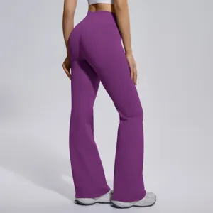Purple high waist flared yoga pants back view detail showcasing hip lifting design.