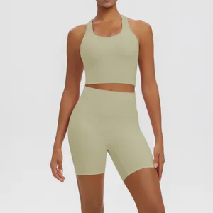 Close-up view of the sage green ribbed yoga set, featuring breathable fabric and seamless detail.