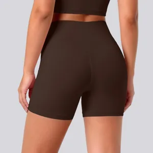 High-waisted brown yoga shorts, stretchy fitness biker shorts for women running gym wear.