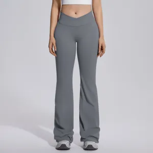 High waist crossover flare yoga pants featuring seamless micro-flare design for fitness and sports.
