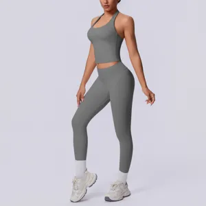 Set yoga due pezzi senza cuciture unito schiena scoperta halter abbigliamento sportivo dettaglio
