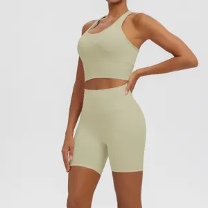 Details of breathable solid color seamless yoga set, tight fit sports bra and active shorts.