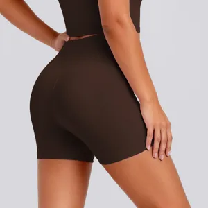 High waist yoga shorts detail view, stretchy brown workout activewear, breathable fabric.