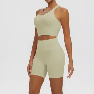 Detailed view of breathable seamless activewear set, high waist stretch yoga shorts and bra.