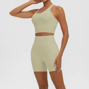 Women's seamless yoga set athletic sports bra and high waist biker shorts fitness activewear