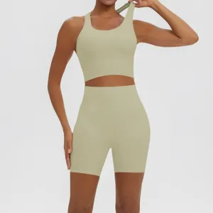 Detailed view of the light green seamless yoga set featuring a breathable sports bra and shorts.