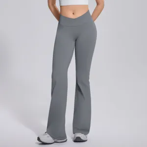 Cross waist flare yoga pants for women, high stretch athletic pants for fitness and running.