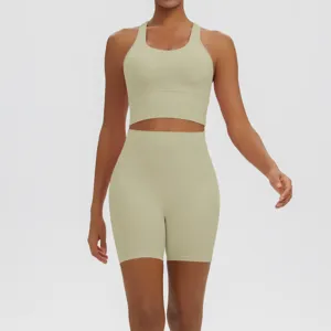 Solid color double-faced yoga set activewear tight breathable fitness two-piece outfit