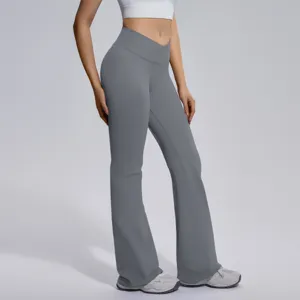 High waist crossover flare yoga pants for women, seamless tummy control workout leggings.