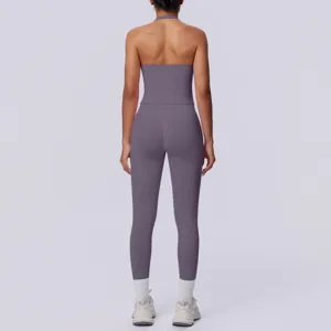 Completo sportivo fitness senza cuciture tinta unita schiena scoperta yoga palestra donna.