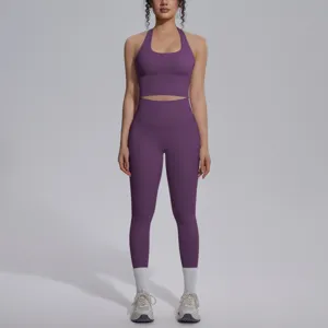 Dames Seamless Activewear Yoga Set Mouwloze Top en Hoge Taille Leggings Workout Sport Joggingpak Nylon Elastaan