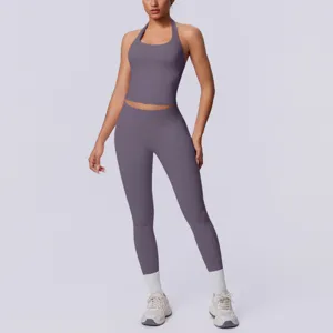 Set yoga fitness halter in tinta unita senza cuciture abbigliamento sportivo da donna