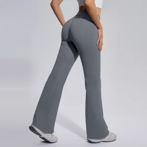 High-waisted flared yoga pants, seamless ribbed activewear leggings for gym fitness running.