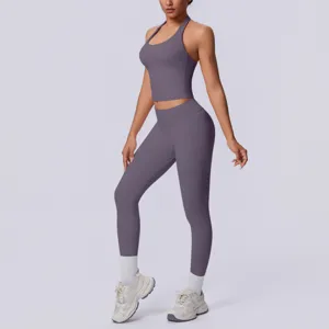 Set yoga senza cuciture con collo all'americana per donna, tuta fitness traspirante sport.