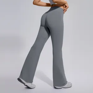 High waist ribbed micro flare yoga pants back view detail showing tummy control and lift.