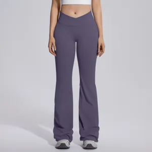Cross-waist flare yoga pants detail, high elasticity tummy control fitness leggings activewear