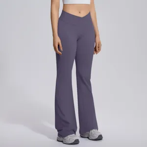 Detail view of crossover high waist flare yoga pants, offering stretchy athletic comfort.
