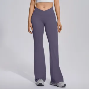 Women crossover high waist flare yoga pants seamless ribbed workout fitness running trousers