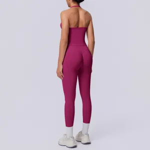 Set yoga fitness senza cuciture monocolore con scollo all'americana due pezzi donna sport.