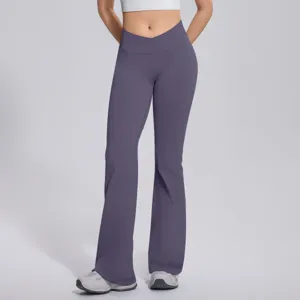 Cross waist flared yoga pants for women, high elastic tummy control fitness leggings detail.