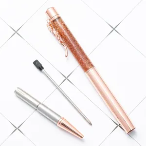Rose gold liquid glitter ballpoint pen with refill, creative quicksand metal stationery.
