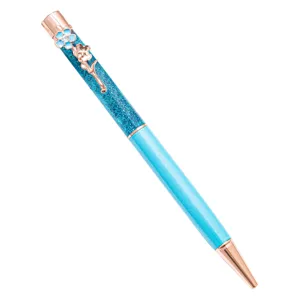 Elegant rose gold ballpoint pen with blue glitter barrel and floral decor for office gift.
