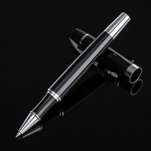 Premium black metal rollerball pen, elegant business executive gift pen with silver trim.