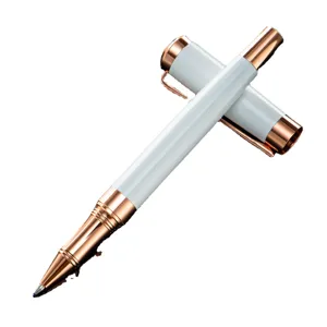Business metal rollerball pen with white barrel and rose gold accents for office signature use.