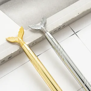 Creative mermaid tail metal ballpoint pen, cute student stationery gift in gold and silver.