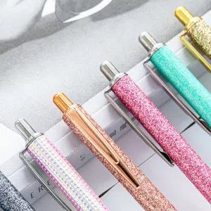 Glitter retractable ballpoint pen, stylish metal pen with sparkling PU leather finish for daily writing