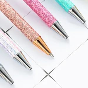 Glitter ballpoint pen set, trendy metal push pens with sparkling PU leather wrap design.