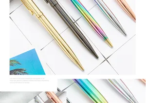 Metal ballpoint pen detail view showing premium electroplated colorful finish and clip.