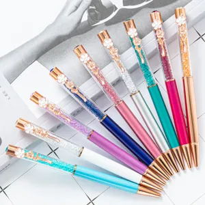 Metal Crystal Ballpoint Pen Clover Flower Clip Rhinestone Office School Stationery Writing Gift
