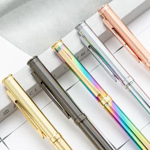 Set of metallic ballpoint pens in gold, silver, rose gold, and rainbow finish for business.