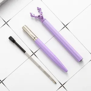 Creative elk shaped metal ballpoint pen with cute deer head cap, disassembled refill, purple stationery gift.