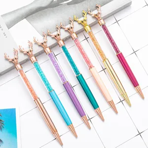 Stylo à Bille Créatif Tête de Cerf Métal Cristal Sable Mouvant Stylo Mignon Dessin Animé Écriture Cadeau de Noël Papeterie