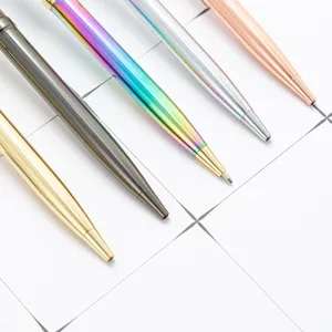 Set of colorful electroplated metal ballpoint pens perfect for office, school and gifts.