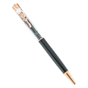 Rose gold crystal ballpoint pen with black barrel and elegant flower clip for office use
