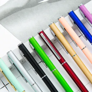 Colorful metal ballpoint pens set in vibrant shades for office stationery and business gifts.