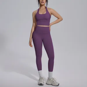Paars effen halter crop top hoge taille legging yoga set fitness sportkleding tweedelig set