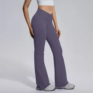 High waist cross flare yoga pants detail, seamless stretchy fitness gym sportswear for women.