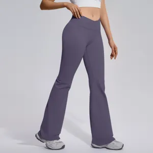 High waist crossover flare yoga pants for women, seamless tummy control stretch fitness activewear.