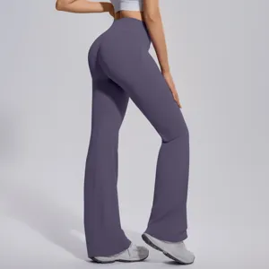 Close-up rear view of high-waisted flared yoga pants in purple, showing slim fit and lift.