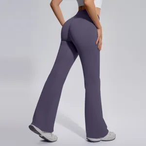 Back view of women high waist seamless flare yoga pants in dark purple, fitness activewear.