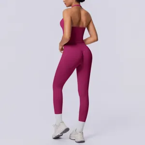Set yoga fitness senza cuciture crop top halter monocolore e leggings 2 pezzi.