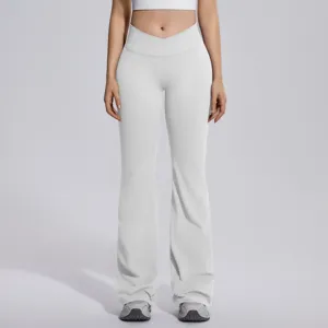 Crossover high waist flare yoga pants, stretchy workout leggings for gym fitness running.
