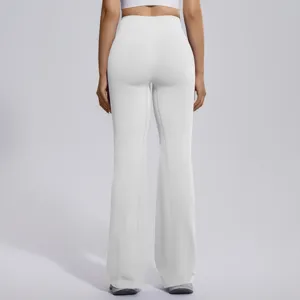 White high waist flared yoga pants with cross waist design for fitness, running, and gym.