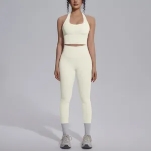 Gedetailleerd overzicht van de effen halter sportbeha en hoge taille yoga legging set.