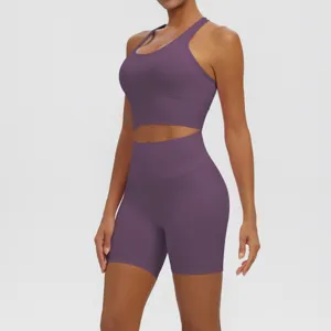 High waist fitness yoga set with sports bra and shorts for women workout running gym.