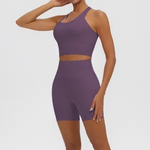 Purple athletic yoga set detail featuring breathable fabric and supportive high-waist fit.